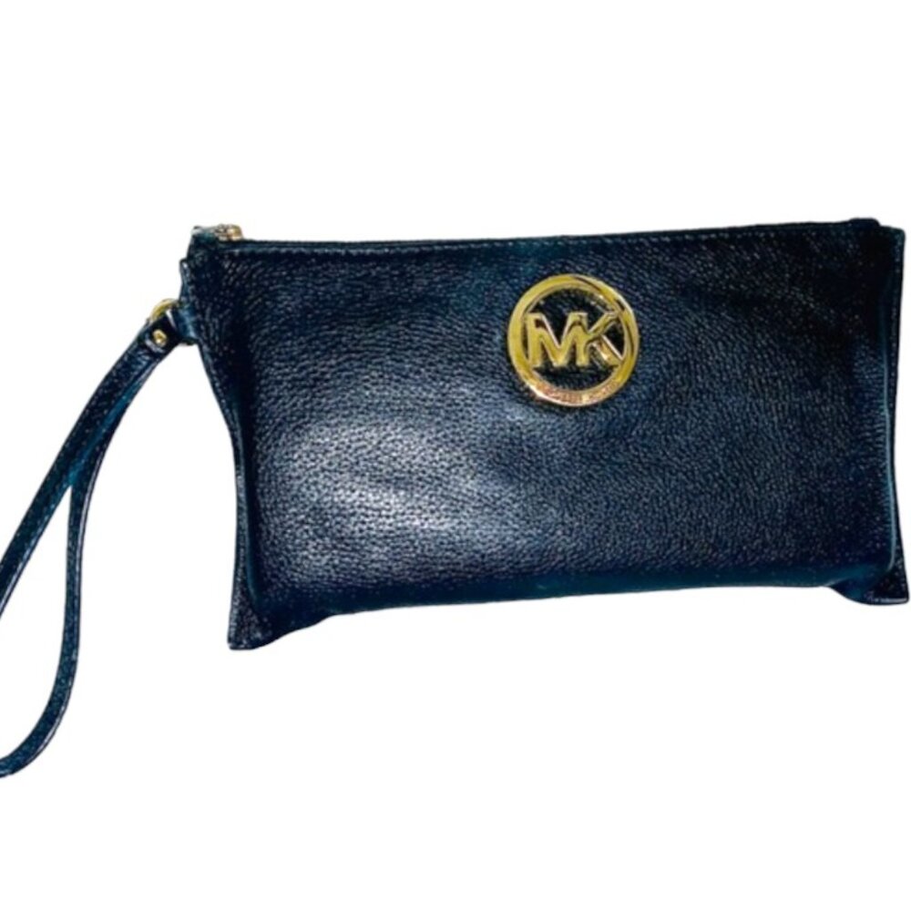 Michael Kors Fulton Clutch, Wristlet Pebbled, Leather Zipper, Gold Logo, Black